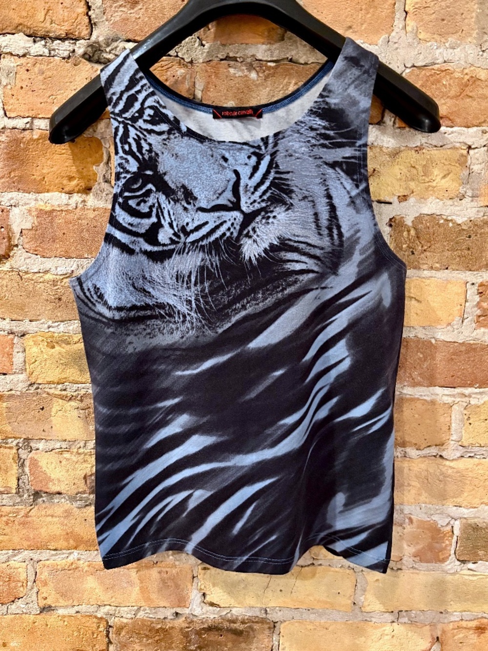 Roberto Cavalli Rare Blue and Black Tiger Tank Top Shirt Size Small